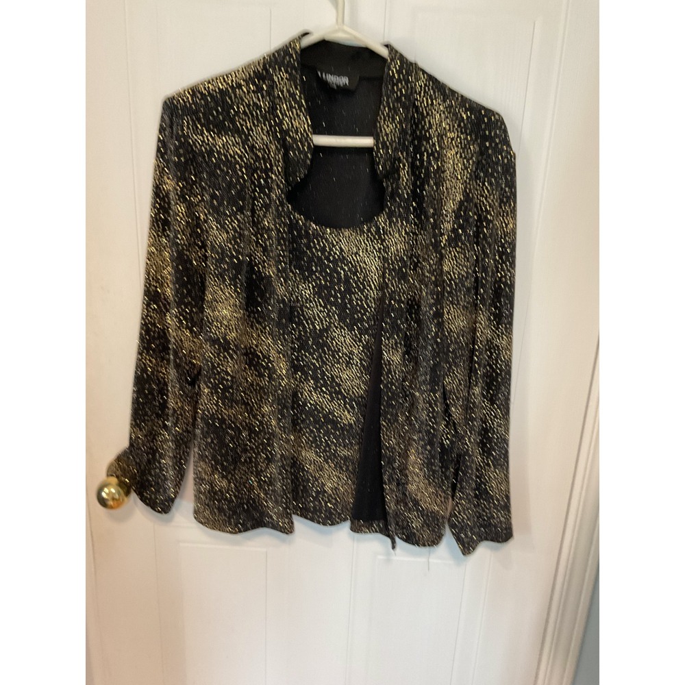 Lindor Petite 2 Piece Jacket Tank Set Womens L/G Gold Black Excellent Metallic